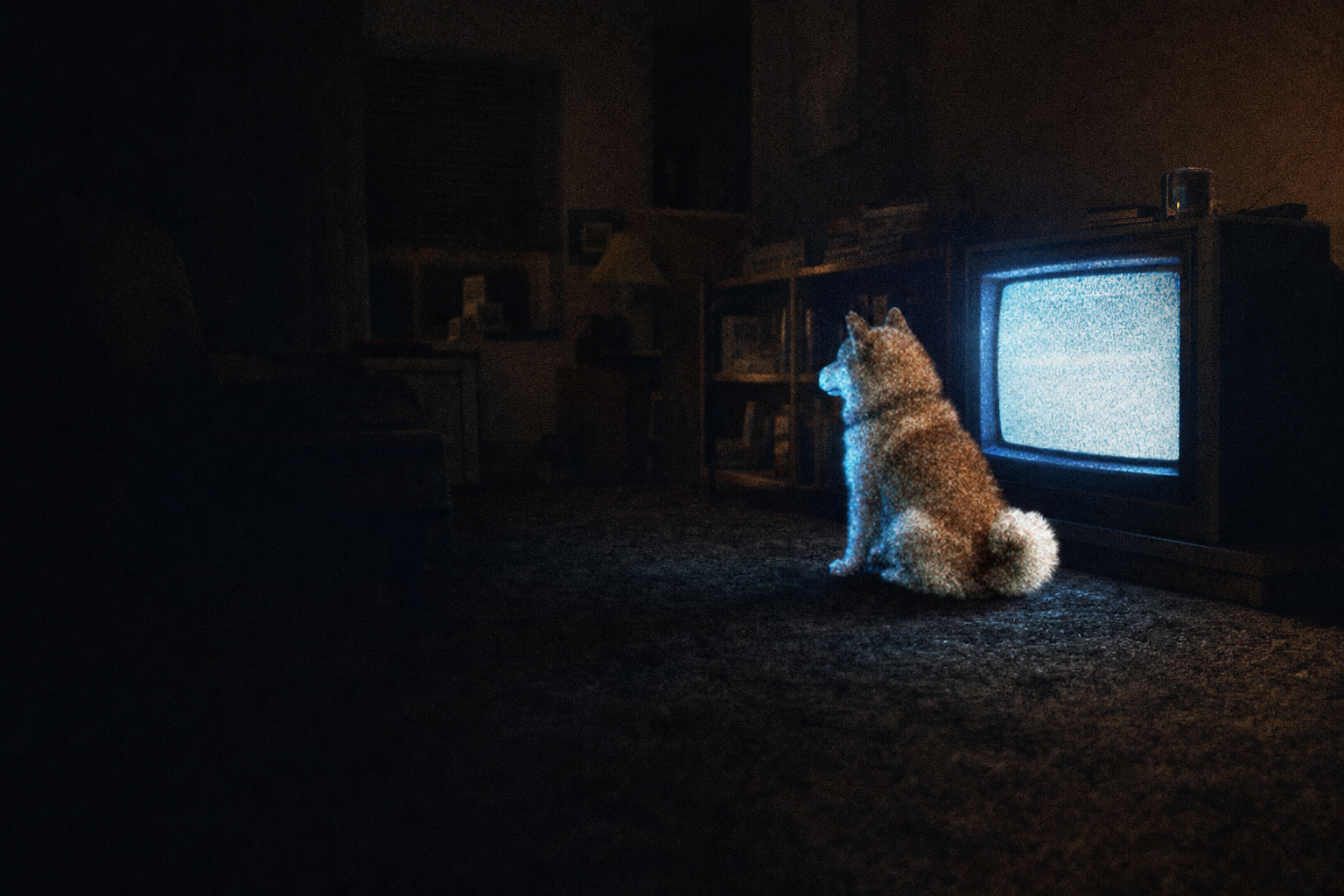 PuppInu sitting on the carpet in a dark living room, facing a glowing television full of static