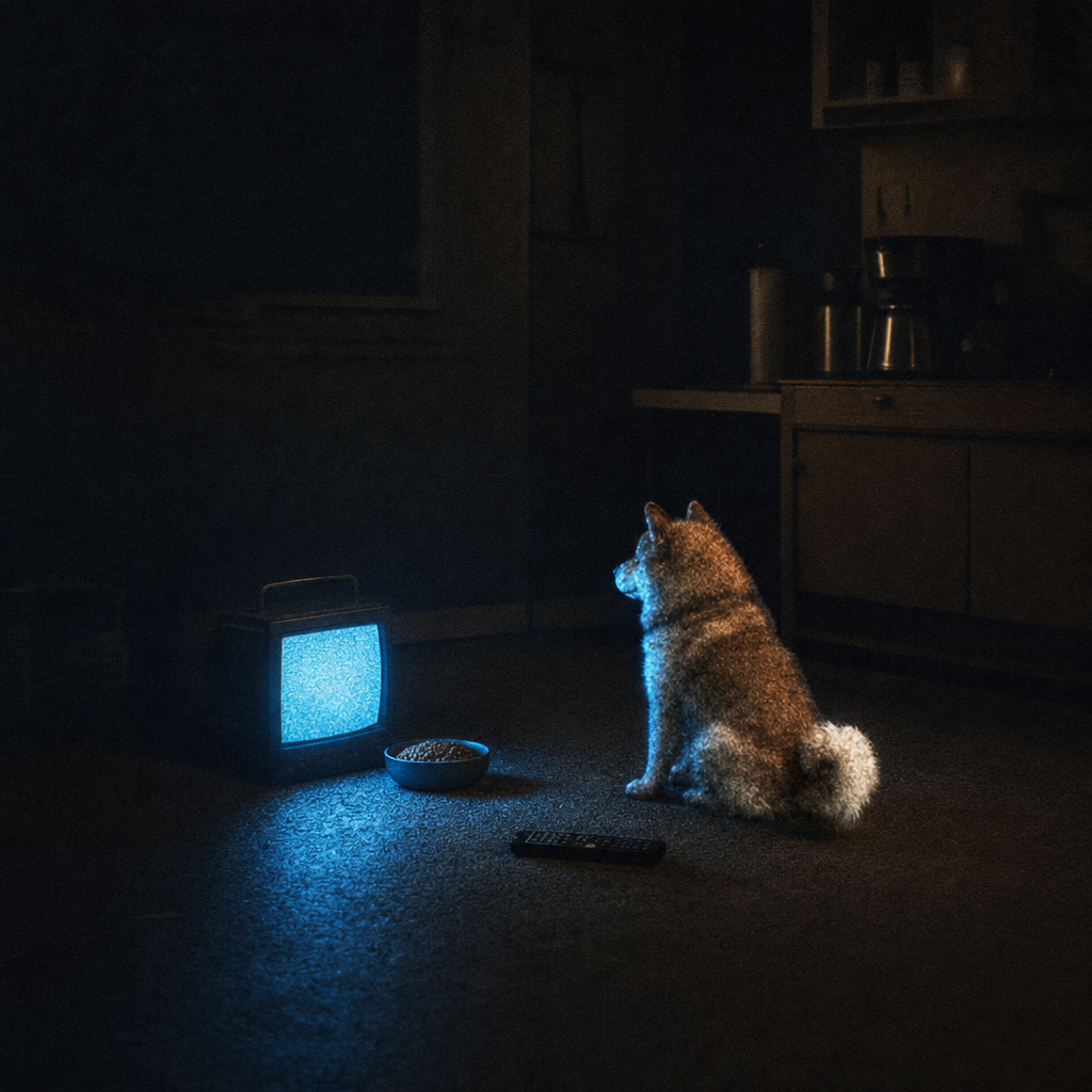 PuppInu in a dark kitchen watching a small portable TV, a full food bowl and the remote on the floor beside him